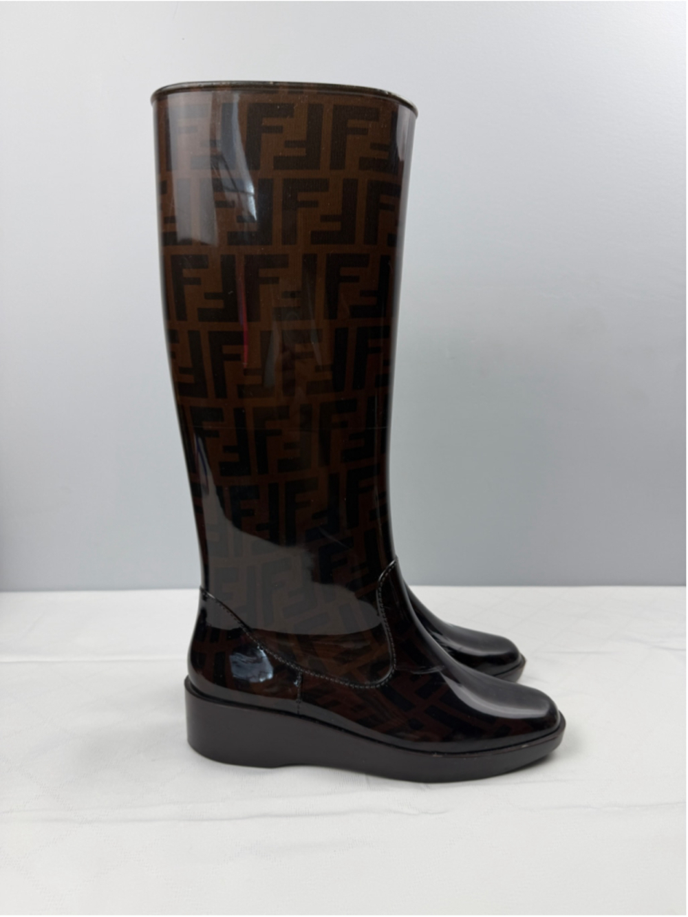 Fendi Zucca FF Logo monogram PVC Rain Boots Brown Women Size 37